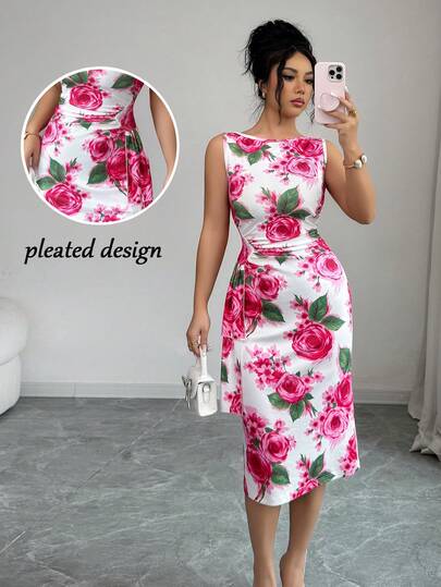 Elenzga Elegant Floral Print Asymmetric Ruffle Hem Sleeveless Midi Dress, Casual Vacation Romantic Dress For Women, Suitable For Daily Wear, Parties, Weddings, Fashion Pink Dress