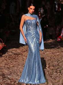 Glamrae Elegant Blue Luxury 3D Beaded Embroidered Bandeau Mermaid Twist Wrap Slim Fit Fishtail Dress, Suitable For Dates, Vacations, Singles Parties, Weddings, Women's Evening Gown - Blue - View 1