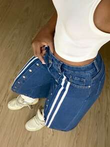 StreetHx Women's Fashionable Casual Sports Style Wide Leg Straight Jeans - Dark Wash - View 7