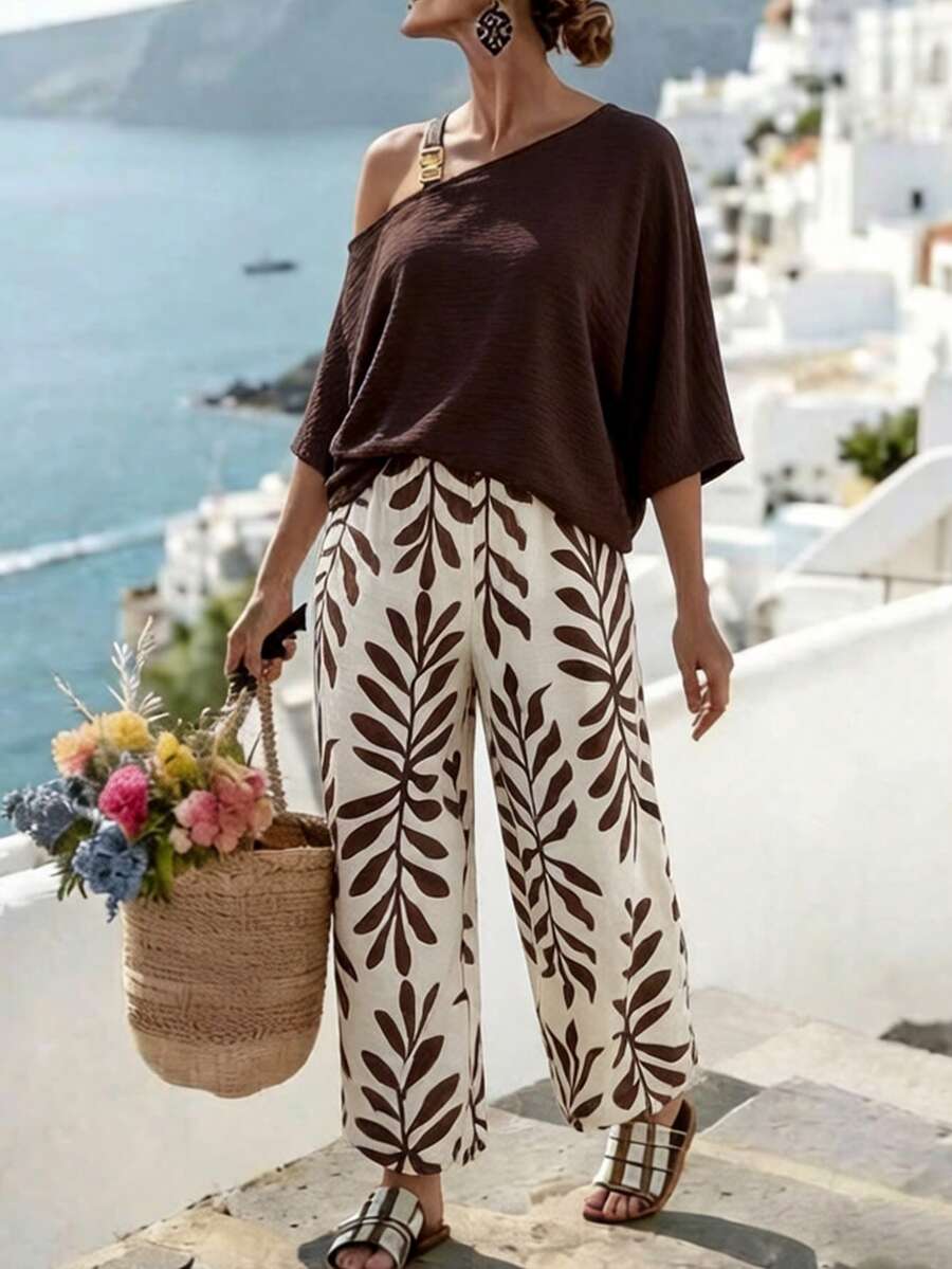 EMERY ROSE Plus Size Women Vacation Solid Color Asymmetric Collar Batwing Sleeve Shirt And Floral Print Pants Casual Suit - Brown - View 1