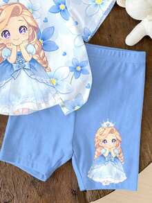 SHEIN Cute Blue Floral Print, Cartoon Frozen Snow Queen Princess Print, Sisterly Matching Set, Baby Girl Casual Loose Round Neck Short Sleeve T-Shirt And Skinny Bike Shorts Set, Suitable For Spring And Summer - Multicolor - View 5