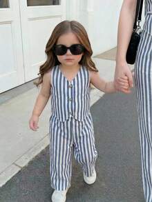 SHEIN 2pcs Baby Girl Casual Vacation Style Striped Vest And Wide Leg Pants Set - Multicolor - View 3
