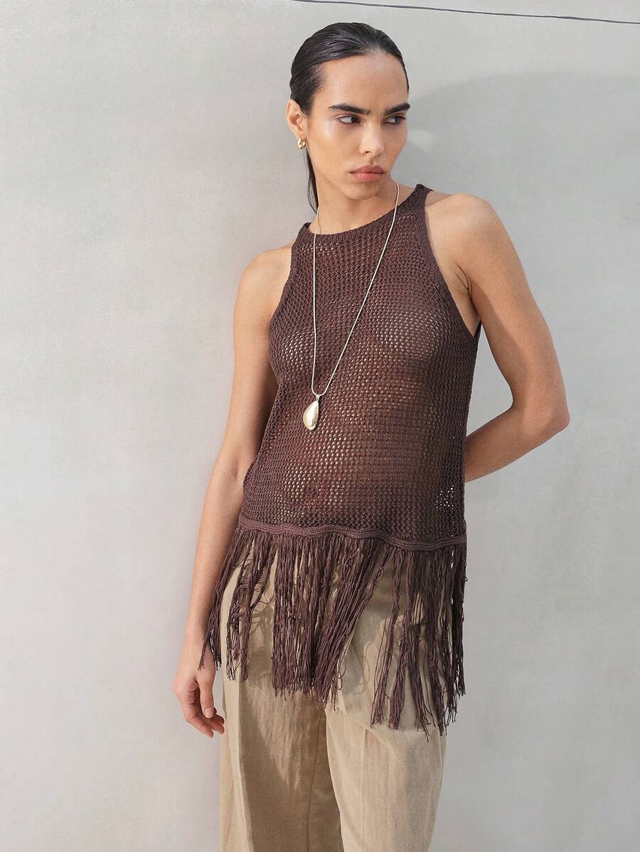KSTM 女士无袖棕色网眼针织背心，流苏下摆，高领露背设计，波西米亚风纹理夏季节日上衣 - 咖啡棕 - 查看 1
