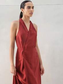 KSTM Women's Halter Wrap Maxi Dress With Deep V-Neck Cinched Waist Rust Orange Tiered Sleeveless Summer Evening Party Dress - Burgundy - View 4