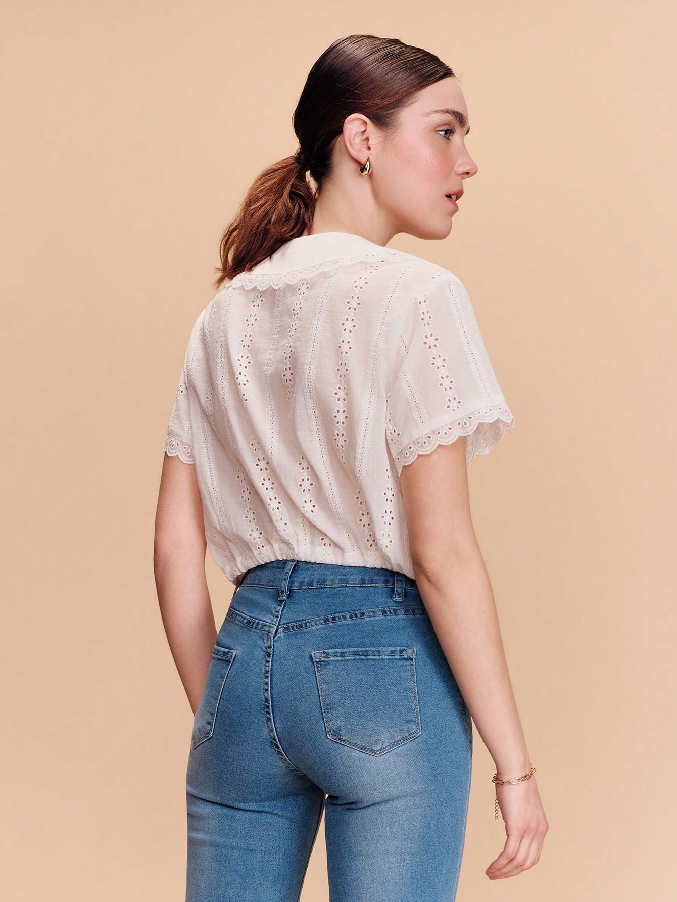 White Cotton Vintage Embroidered Cropped Blouse With A Peter Pan Collar And Waist Tie Spring Summer Cotton Top Spring Summer Vacation Office French Style Parisian Style Elegant Top White Cotton Blouse