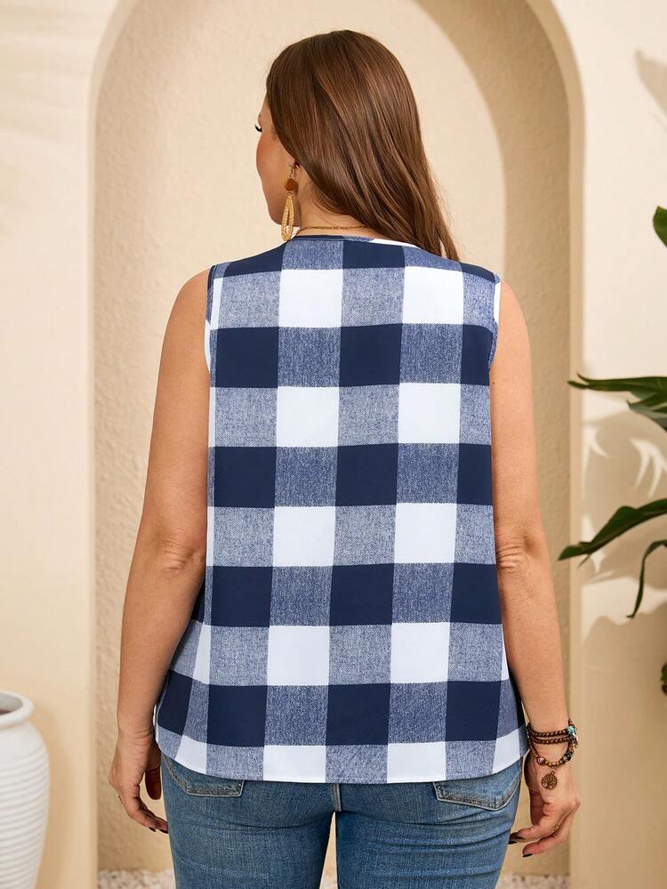 Plus Size Women Plaid V-Neck Button Design Casual Sleeveless Shirt Summer Tops Summer Outfits Summer Clothes Spring Dress Spring Outfit Women Spring Clothing Beach Vacation Outfits For Women Vacation Dress Bohemian Festival Outfits For Women Beach Outfits For Women Women Plus Size Tops Women's Tops For Summer Summer Tops
