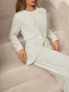 Modelyn French Elegant Business Solid Color Long Sleeve Top And Slim Fit Pants Set For Women - Beige - View 4