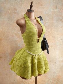 Mistrie Sexy V-Neck Spaghetti Strap Tie Design Hollow Out Backless Spaghetti Strap Textured Fabric Multi-Layer Ruffle Asymmetric Hem Mini Dress, Sexy Chic Vacation/Party/Afternoon Tea Boho Style For Women - Green - View 3