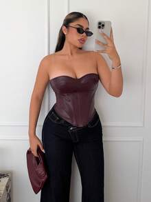 Maria Perezxox 女士时尚性感纯色后背交叉抹胸上衣 - 酒紅色 - 查看 3