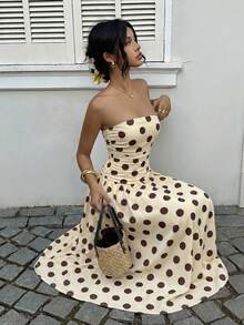 SHEIN EZwear Women's Brown Polka Dot Print Ruffle Hem Strapless Dress, Suitable For Vacation, Autumn Fashion, Wedding Guest Attire, Birthday Dress, Outing, Graduation, Back To School, Holiday, Competition, Party - Multicolor - View 3