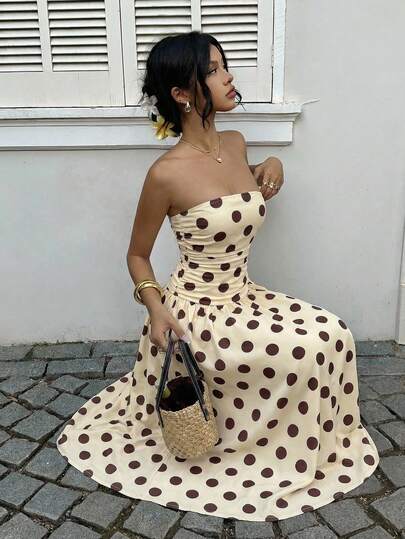 SHEIN Tall CURVE 大码女士棕色波点印花荷叶边下摆无肩带连衣裙，适合度假、秋季时尚、婚礼宾客着装、生日礼服、外出、毕业典礼、返校、节日、比赛、派对、夏季、假日连衣裙