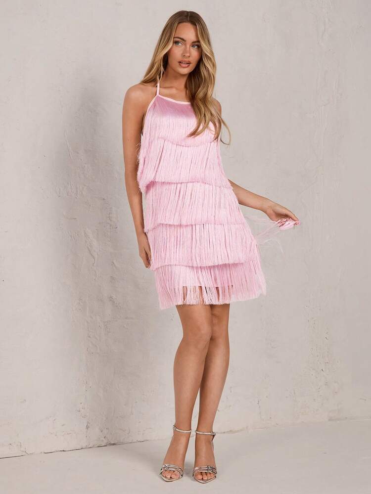 light pink tassel dress Sequins Short Pink Tassel Formal Dress Sleeveless Spaghetti Strap