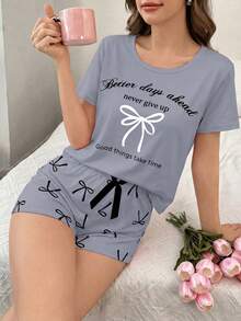 Bow & Letter Print Short Sleeve Shorts Pajama Set - Multicolor - View 3