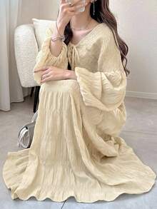 FRIFUL Women's Brown Textured Fabric Drawstring Tie Waist Dress, Long Dress For Autumn Outings - Beige - View 1