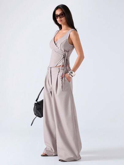 LYSMO Women's Solid Color Side Tie Waistcoat And Pants Suit