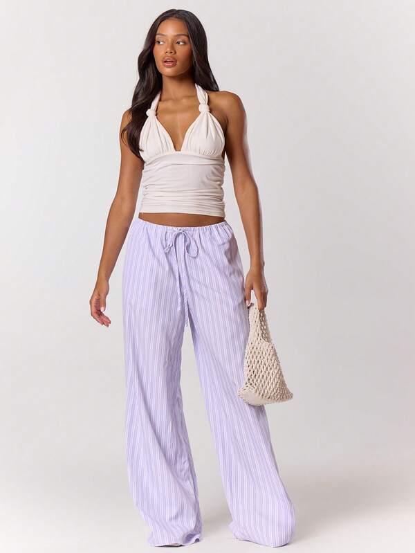 MUSERA Stripe Drawstring Wide Leg Trousers Cute Summer Holiday Vacation Casual Elegant Beach Linen Style Trousers Collective Office Attire For Women, Office Wear Women Winter Spring Pants Easter