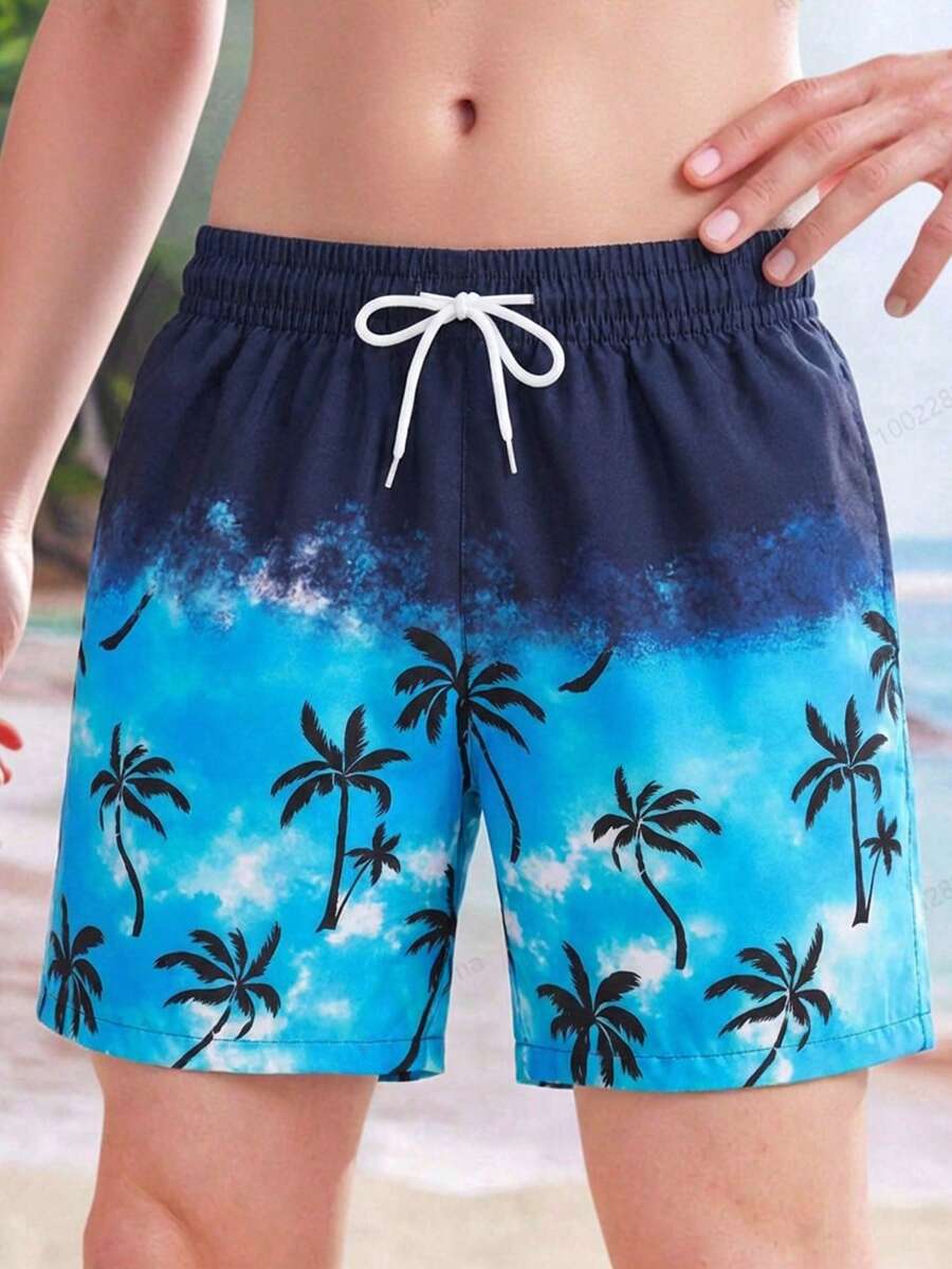 SHEIN 男童个性化棕榈叶印花泳裤，舒适透气，适合游泳池、海滩和度假穿着