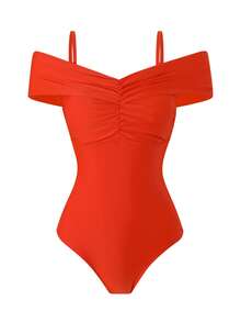Swim Oasis 2026 Spring/Summer Plus Size Women Sexy Off-Shoulder One-Piece Swimsuit + Skirt High-End Beach Set - Orange - View 3
