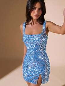 SHEIN BAE 女士黑色丝绒亮片迷你连衣裙，适合鸡尾酒会、夜店、夜间外出、正式活动、派对、万圣节、圣诞节等场合。 - 淺藍色 - 查看 4