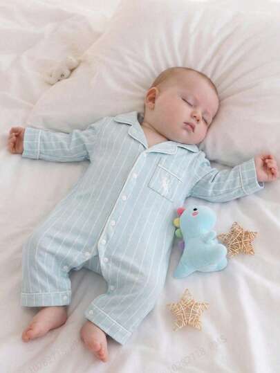 Newborn Baby Romper, Green & White Vertical Striped, Chest Pocket, Embroidered Horse Design, Turndown Collar, Long Sleeve, Long Pants, Jumpsuit, Crawling Clothes, Loungewear