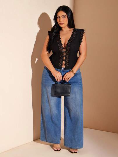 SHEIN BAE Blusa sexy y versátil con aplicaciones de encaje para mujer de talla grande, ideal para citas y salidas