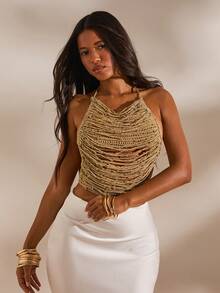 Opulessa Handmade Asymmetrical Pearl Decor Necklace Top - Gold - View 5