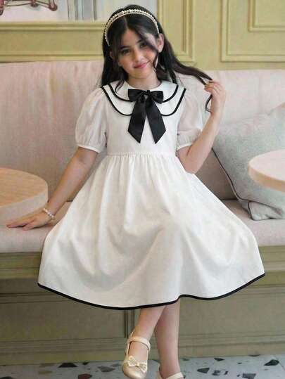 SHEIN 少女纯色编织蝴蝶结装饰泡泡袖系带A字连衣裙，法式优雅连衣裙，返校季时尚街头风