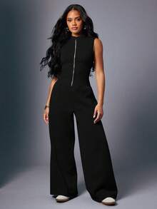 SHEIN Haute Women's Sexy Casual Zip Through Sleeveless Heather Gray Sweatshirt Jumpsuit - Black - View 6