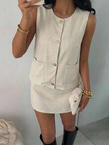 SHEIN EZwear Set de 2 piezas: Top sin mangas + Falda - Caqui - Ver 2