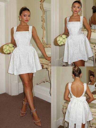 Glamine Charm French Elegant White Jacquard Spaghetti Strap Backless Bow Tie Sleeveless Mini Dress, Suitable For Birthday Party, Back To School, Graduation Dance, Sisters Gathering, Afternoon Tea, Wedding Events Reception Dress For Bride Rose Gold Dress Elegant Organza Dress Bridal Shower Dress Short White Dress White Cocktail Dress Bridal Shower White Dress Classy White Dress White Dress Summer White Backless Dress White Sparkle Dress White Classy Dress