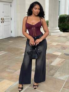 Alexandranx 性感优雅女士蕾丝拼布吊带背心紧身衣 - 紫紅色 - 查看 6