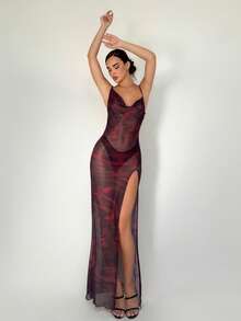 Aloruh 女士度假性感扎染印花不对称深 V 领高开叉透视修身连衣裙 - 彩色 - 查看 7