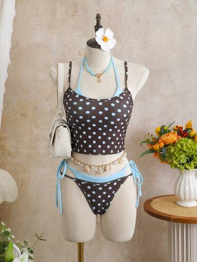 Swim Mod 2026新款女士夏季沙滩休闲波点印花细肩带撞色侧系带露背性感三件套背心吊带比基尼