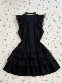 Elamini 女士黑色撞色蕾丝蝴蝶结腰带短袖性感哥特洛丽塔风格迷你连衣裙 - 黑色 - 查看 2