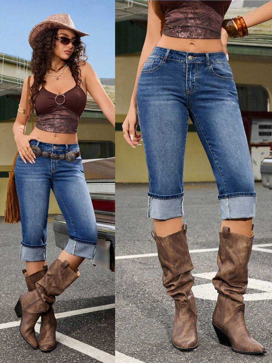 Jeanoix Quần jeans ống loe cạp thấp dáng ôm dành cho nữ phong cách Y2K - Rửa nhẹ - Xem 1
