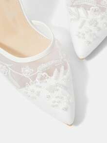 CUCCOO HITCHD 女款夏季優雅仿珍珠刺繡尖頭細高跟低鞋口網紗 9cm 高跟鞋 日常約會派對婚禮夏季鞋 新娘婚鞋 - 白色A - 查看 5