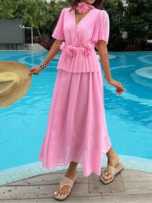 DAZY Vestido elegante con flores 3D de cinta, vestido plisado que ciñe la cintura, vestidos de verano para mujeres, atuendos de vacaciones para mujeres - Rosa - Ver 5