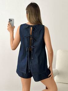 SHEIN Top & Short Two Pieces Denim Set - Dark Wash - View 2
