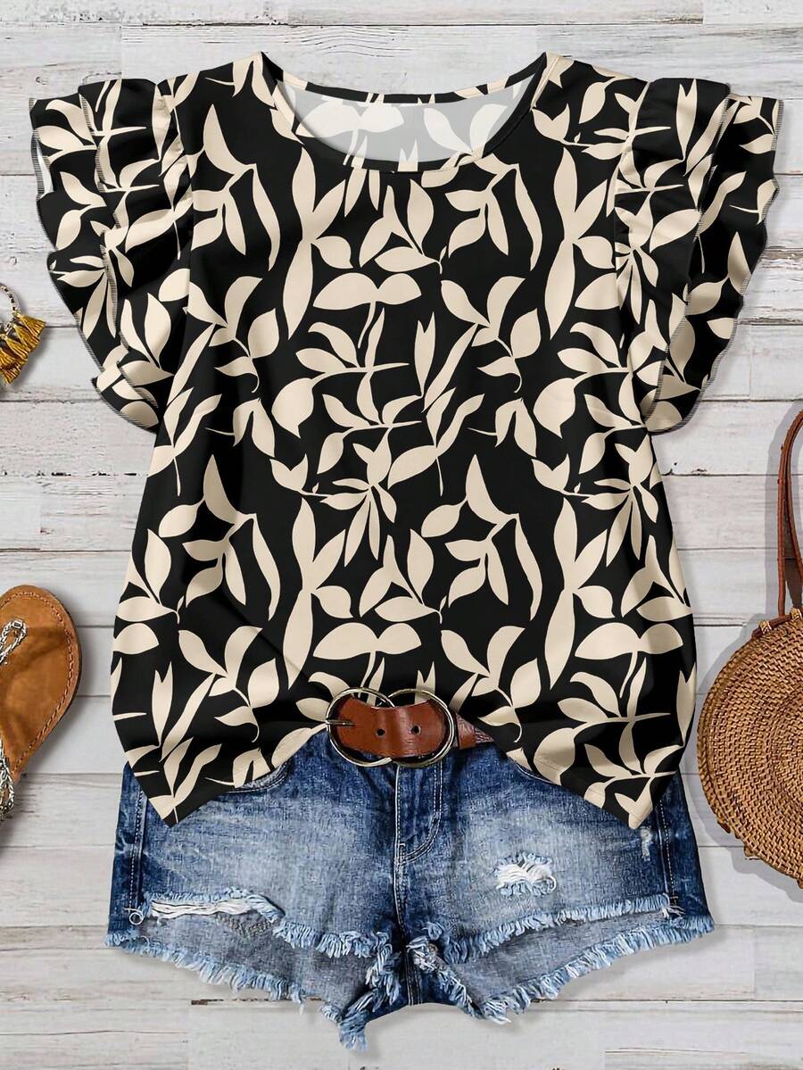 EMERY ROSE 女士休闲植物印花圆领荷叶袖衬衫 - 彩色 - 查看 1