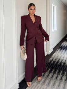 Maria Perezxox 女式纯色翻领双排扣长袖夹克和裤子休闲通勤西装套装，秋季 - 咖啡棕 - 查看 1