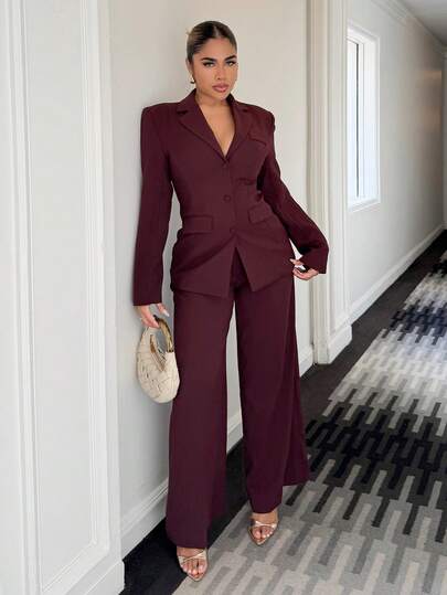 Maria Perezxox Women's Solid Color Lapel NeckDouble-Breasted Long Sleeve Jacket And Pants Casual Commuter Suit Set, Autumn