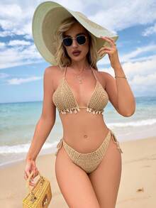 Swim Vcay 1 conjunto de bikini con parte superior de atar al cuello y Bottom triangular, traje de baño de dos piezas - Caqui - Ver 3