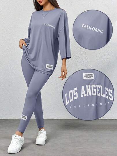 Mulvari 2 piezas Conjunto de camiseta casual con estampado de letras y pantalones pitillo para mujer