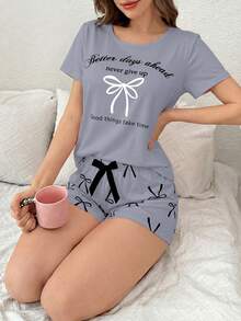 Bow & Letter Print Short Sleeve Shorts Pajama Set - Multicolor - View 5