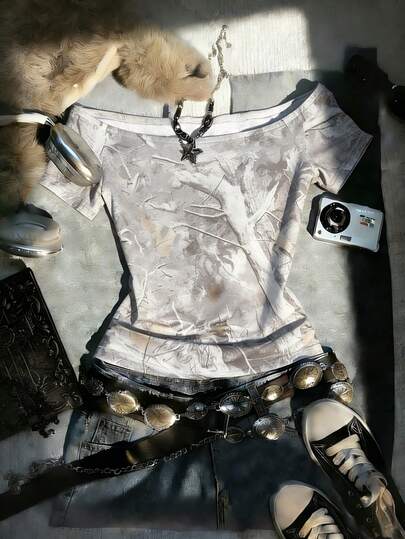 Glimmora 女士上衣，复古树叶印花图案，ins风，性感不对称肩部设计，街头风，清爽休闲短袖T恤，2026春夏新款，送给她的礼物，送给女朋友或闺蜜的礼物