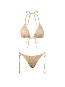 SHEIN Swim Oasis 女士四件套新款热销纹理网纱比基尼、罩衫、半身裙，度假奢华套装，女士春夏度假奢华四件套 - 棕色 - 查看 3
