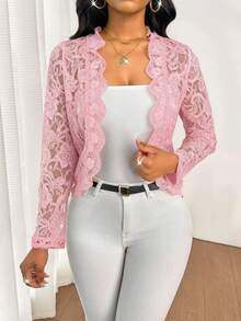 SHEIN Lady Women's Elegant Commuter Solid Color Lace Thin Jacket Lace Cardigan - Pink - View 5