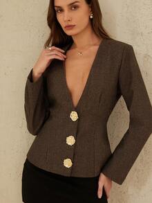 Aveloria Rosie Fashionable Design Elegant Versatile Casual Camellia Metal Button Deep V Herringbone Blazer - Multicolor - View 4