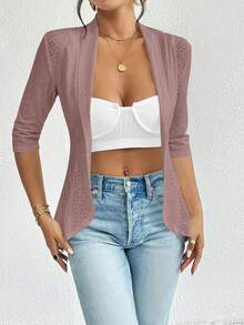 Firerie Women's Autumn/Winter Elegant Chic Modes Basic Simple Ribbed Mid-Sleeve Turndown Collar Ruffle Hem Cinched Waist Jacket Fall Clothes - Dusty Pink - View 4