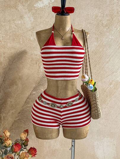 Soleia 女士春夏休闲度假红色条纹针织吊带露背上衣+复古红色条纹低腰超短裤两件套